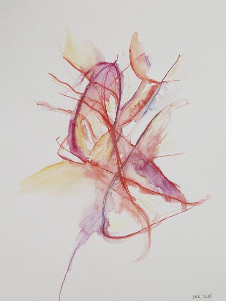 liquid body n°5 Abstrakte Aquarellmalerei in warmen Rottönen, mit fließenden Linien und organischen Formen.