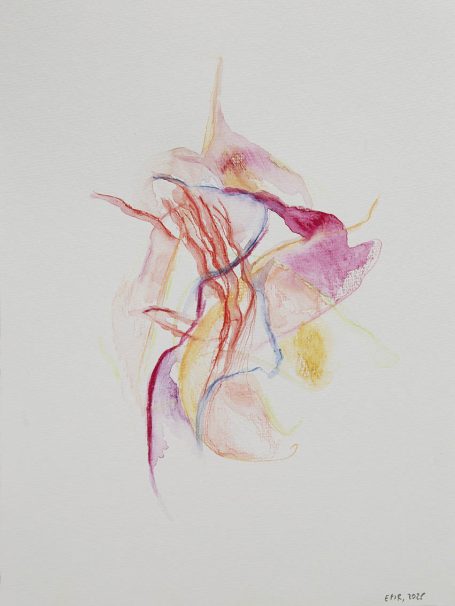 liquid body n°1 Abstrakte Komposition mit weichen Linien in Pink, Rot, Gelb und Blau auf hellem Hintergrund.