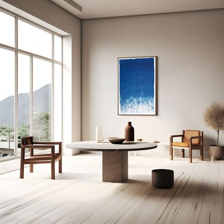 Moderne Wohnlandschaft mit einem runden Tisch, Stühlen und einem abstrakten Kunstwerk.