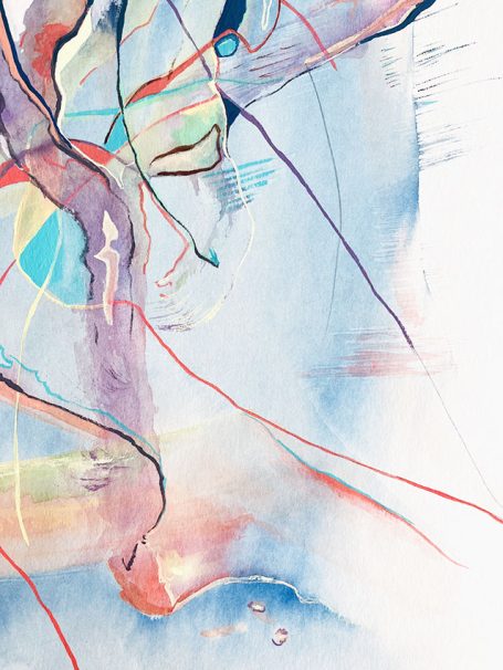 Abstrakte Aquarellmalerei mit fließenden Linien und sanften Farbverläufen in Blau und Rosa.