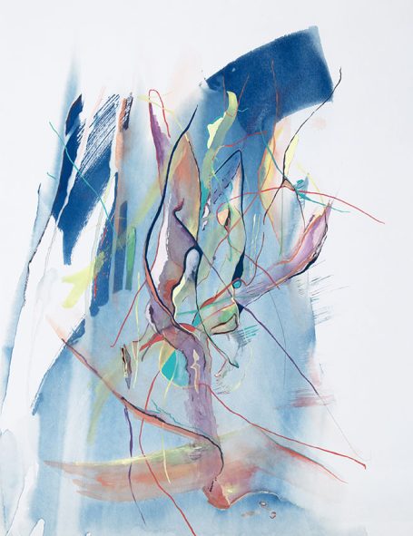 Abstrakte Aquarellmalerei mit sanften Farben und fließenden Linien.