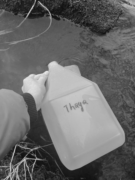 Eine Hand hält einen weißen Kunststoffkanister über Wasser.