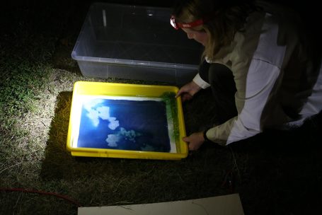 Person mit Stirnlampe, die ein beleuchtetes Bild in einem gelben Rahmen betrachtet.