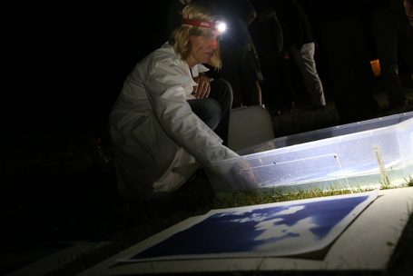 Person mit Stirnlampe, die konzentriert auf eine Fläche mit Papier arbeitet.