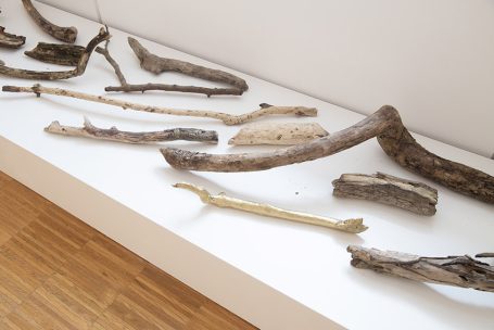 Naturmaterialien: Eine Anordnung verschiedener Zweige und Äste auf einem weißen Tisch.