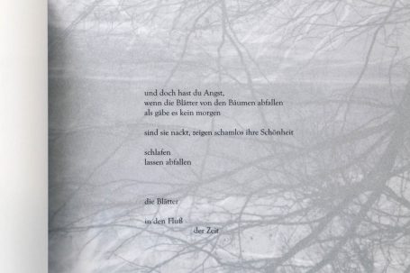 Weißer Hintergrund mit dunklen Ästen und poetischem Text in schwarzer Schrift.