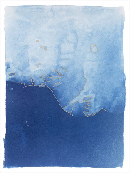 Abstrakte Komposition in Blau mit sanften Farbverläufen und Struktur.
