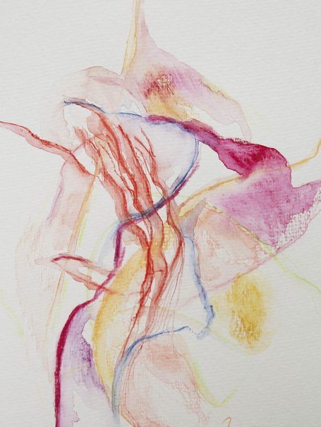 liquid body n°1 (detail) Abstrakte Aquarellkomposition mit fließenden, bunten Linien in Rosa, Rot und Blau.
