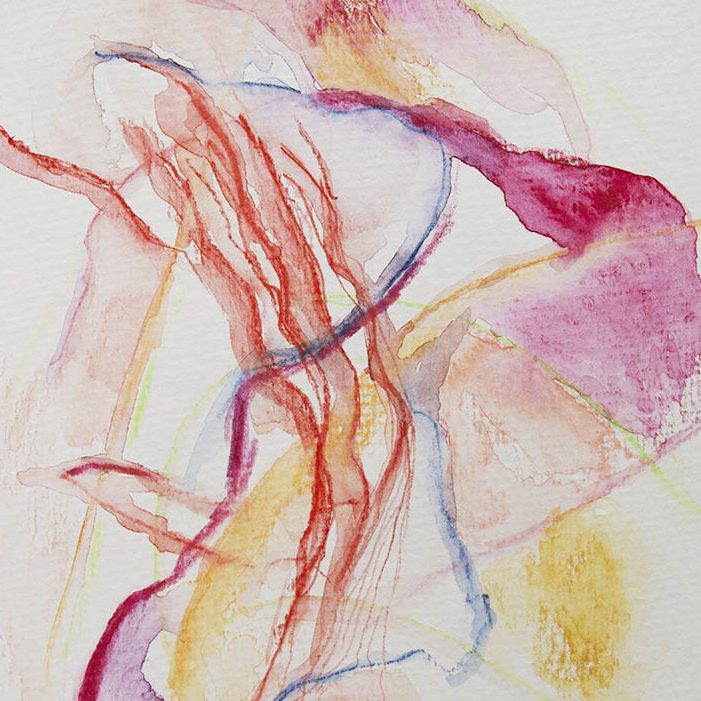 Abstrakte Aquarellmalerei mit roten, pinken und blauen Linien auf weißem Hintergrund.
