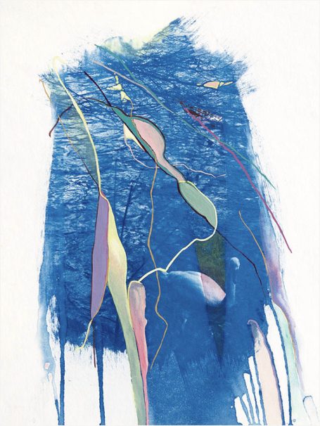 Abstrakte Kunst mit blauen Farbtönen und graziösen, bunten Linien und Formen.