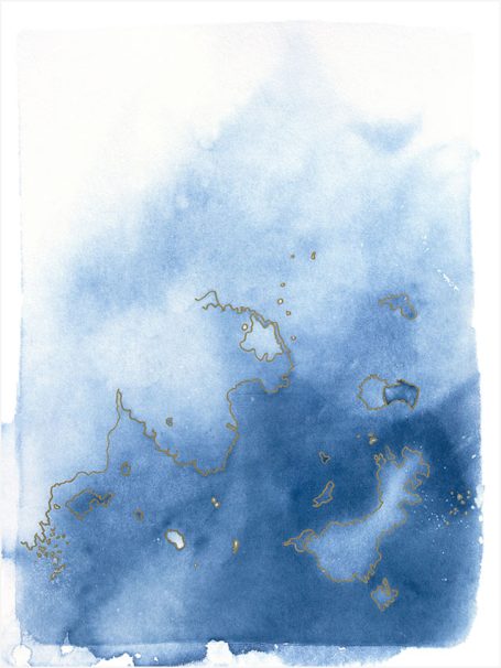 Wasserfarbige Landschaft in Blau- und Goldtönen mit abstrakten Formen.