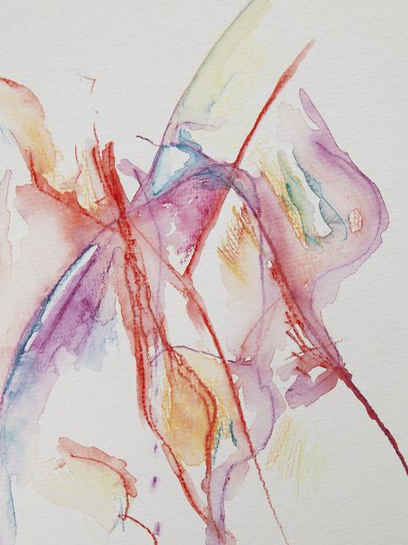 liquid body n°4 (detail) Abstrakte Aquarellmalerei mit roten, blauen und pinken Farbtönen.