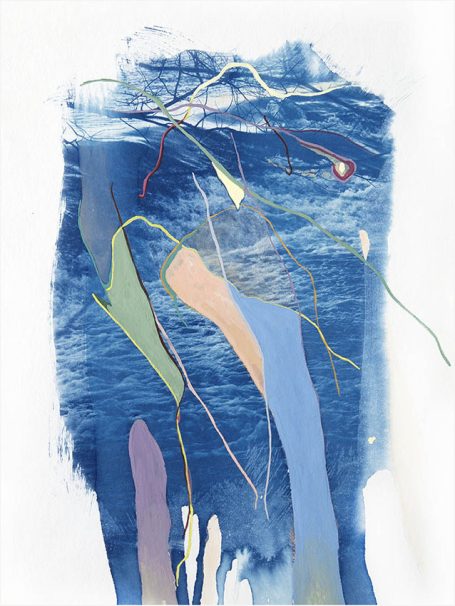 Blaue Farbtöne mit bunten, geschwungenen Linien, die eine abstrakte Komposition bilden.