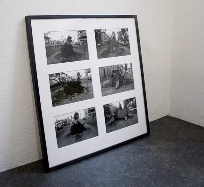 Rahmen mit sechs Schwarz-Weiß-Fotografien, verschiedene Personen in urbanen Umgebungen.