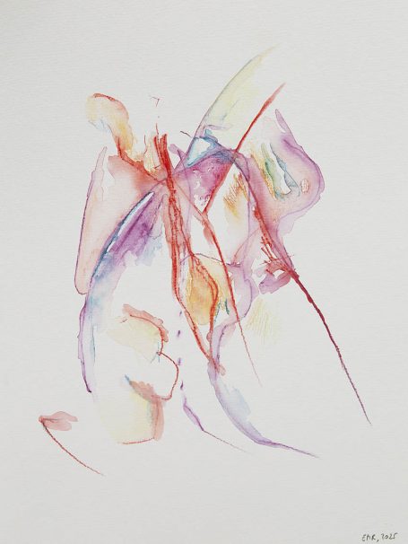 liquid body n°4 Abstrakte Aquarellmalerei mit roten und blauen Linien auf hellem Hintergrund.