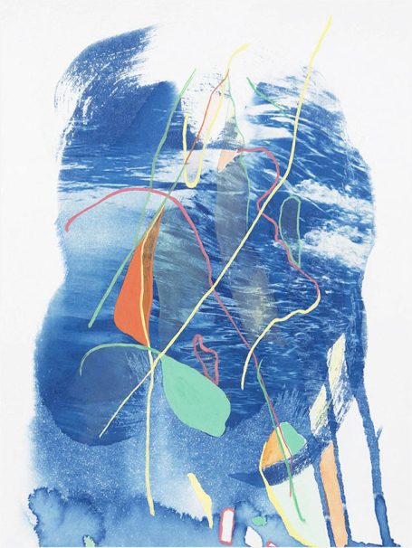 Abstrakte Komposition in Blau mit bunten Linien und Formen.