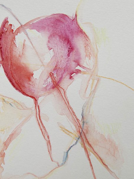 liquid body n°3 (detail) Abstrakte Aquarellmalerei in rosa und roten Tönen mit fließenden Linien.