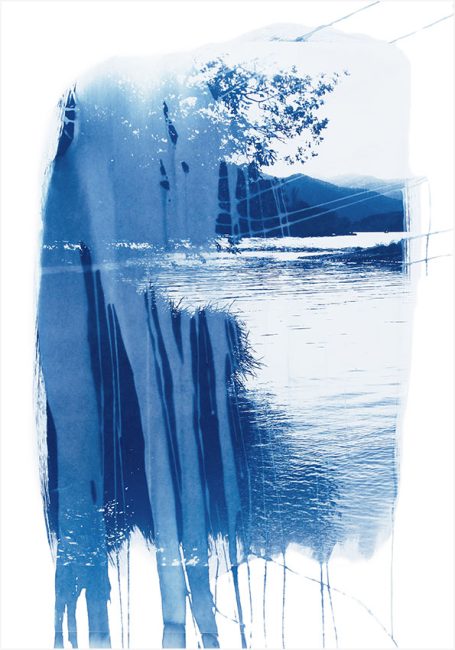 Abstrakte blaue Farbverläufe, die Wasser und natürliche Elemente darstellen.