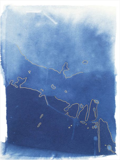 Abstrakte Darstellung mit blauer Farbe und feinen weißen Linien in geschwungener Form.