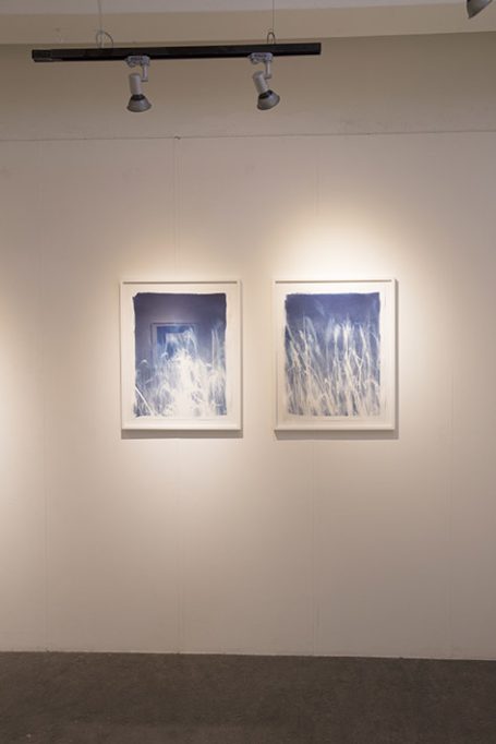 Zwei rahmte Kunstwerke an einer hellen Wand in einer Galerie.