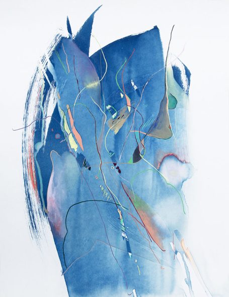 Abstrakte Komposition in Blau mit bunten Linien und Formen.